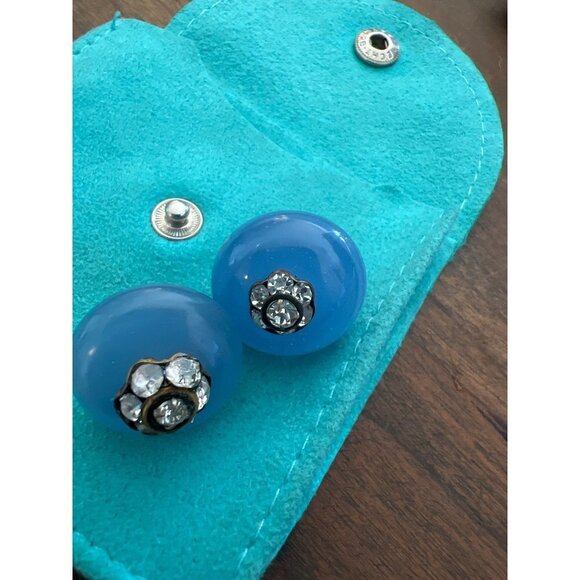 Vintage Clip-on Earrings Rhinestones Blue Chaldecony Stone Made France Antique - Picture 9 of 10